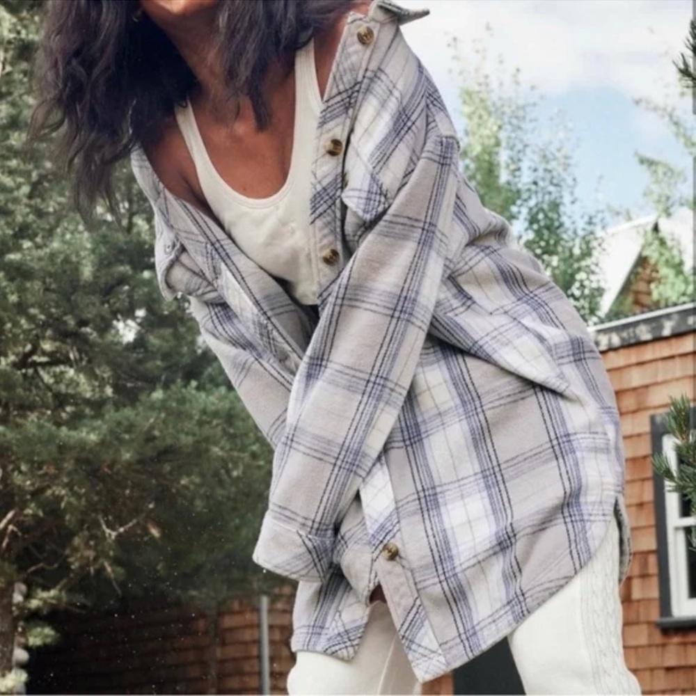 AERIE - Oversized Gray Blue Plaid Cotton Long Sleeve Button Flannel Shacket - XL